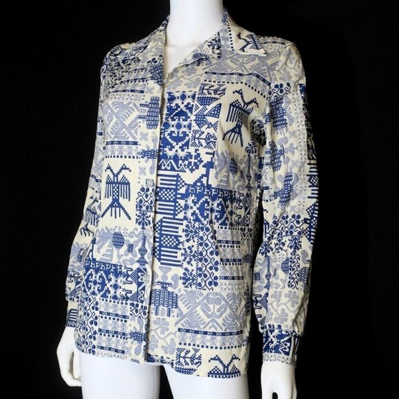 Vintage Devon 70s Atomic Funky Geometric Op-Art Disco Mod Polyester Shirt Small - Picture 2 of 4